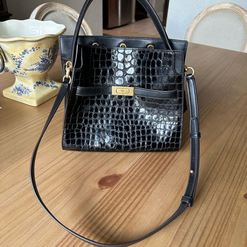 Tory Burch Lee Radziwill Croc Embossed Leather Suede Double Bag Black - Picture 2 of 9
